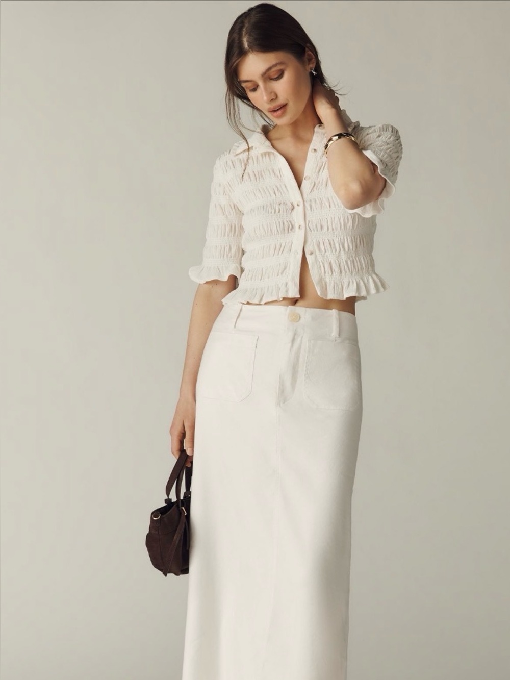 Maeve By Anthropologie Smocked Button Front Shirt sz XS Ivory